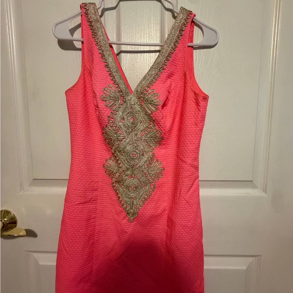 Lilly Pulitzer Coral Pink Midi Dress with Gold Embroidery